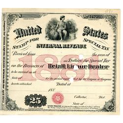 1881 USA Internal Revenue Retail Liquor Dealer Special Tax